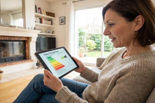 une femme analyse les differentes classe energetique sur sa tablette 