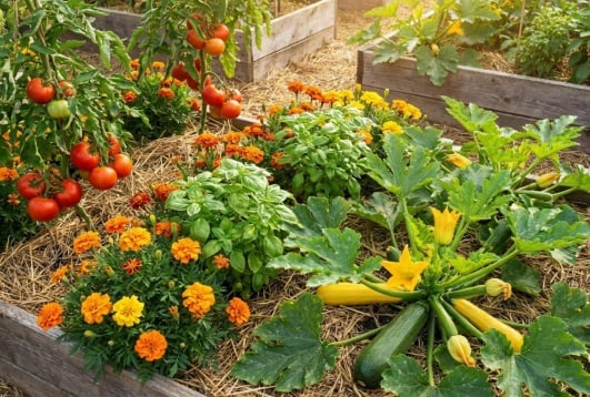 tomates, oeillet d'inde, basilic