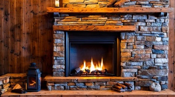 Cheminée avec un feu de bois dans une maison.
