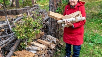 femme porte des buches de bois 