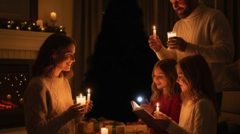 famille qui fete noel dans le noir avec des bougies 