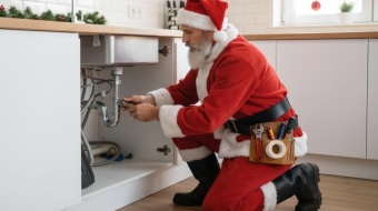 plombier déguisé en pere noel qui intervient dans une cuisine pendant les fetes