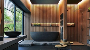 Salle de bain murs en bois et baignoire noire