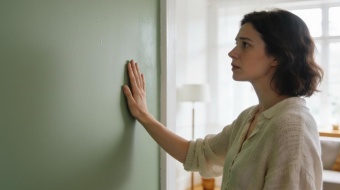 une femme touche son mur humide avec inquietude